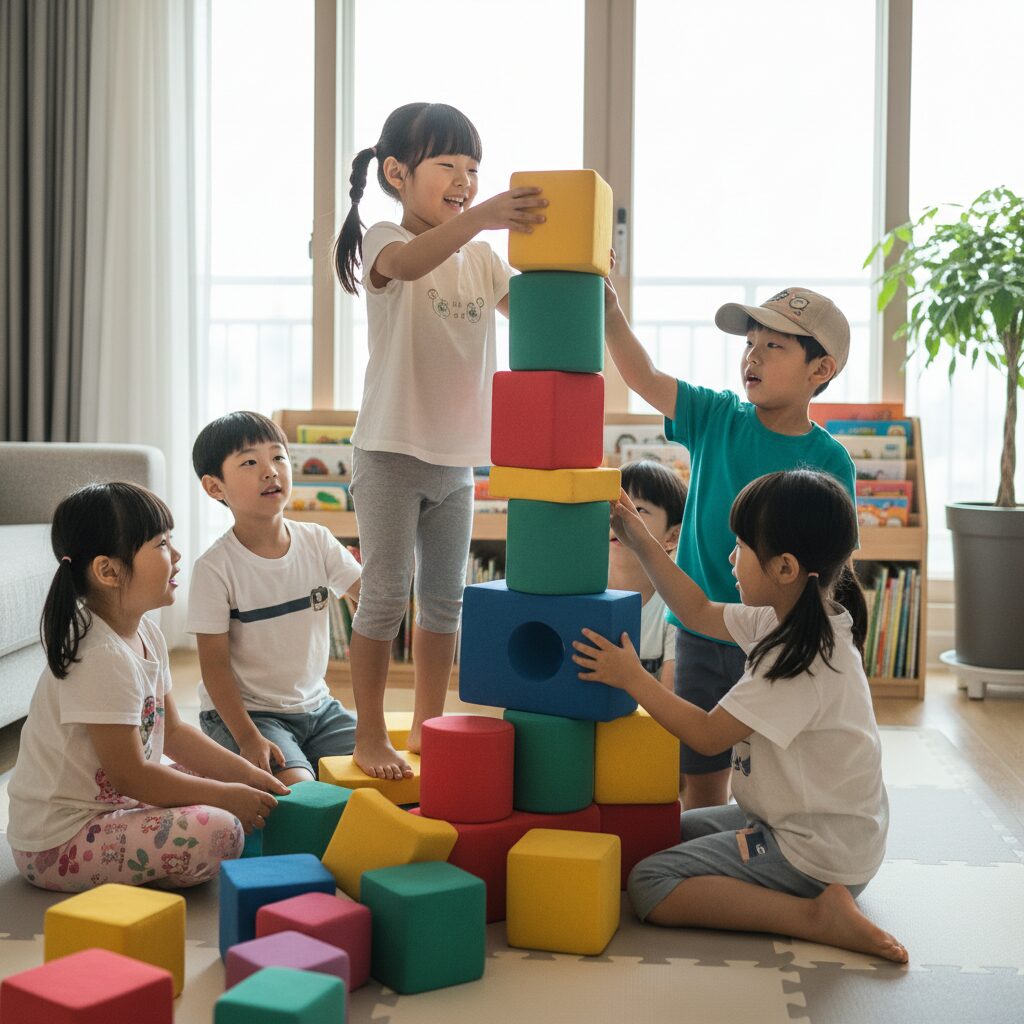 아이들이 다양한 색깔의 큰 블록을 쌓아 올리며 함께 놀이하는 모습