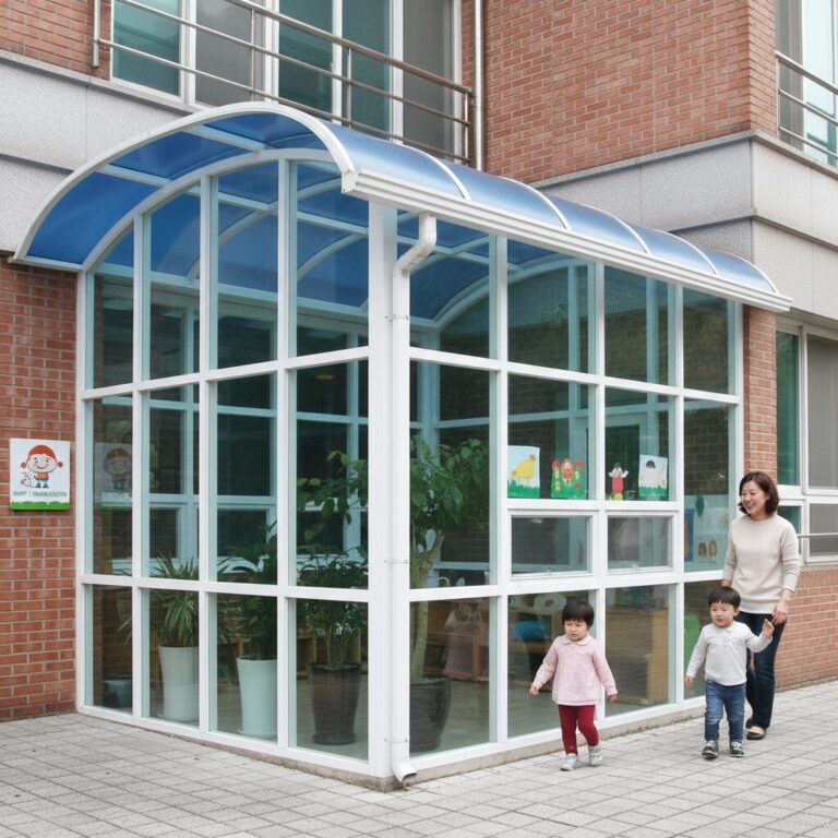 어린이집 현관에 설치된 유리썬룸과 캐노피 구조물 외부 사진