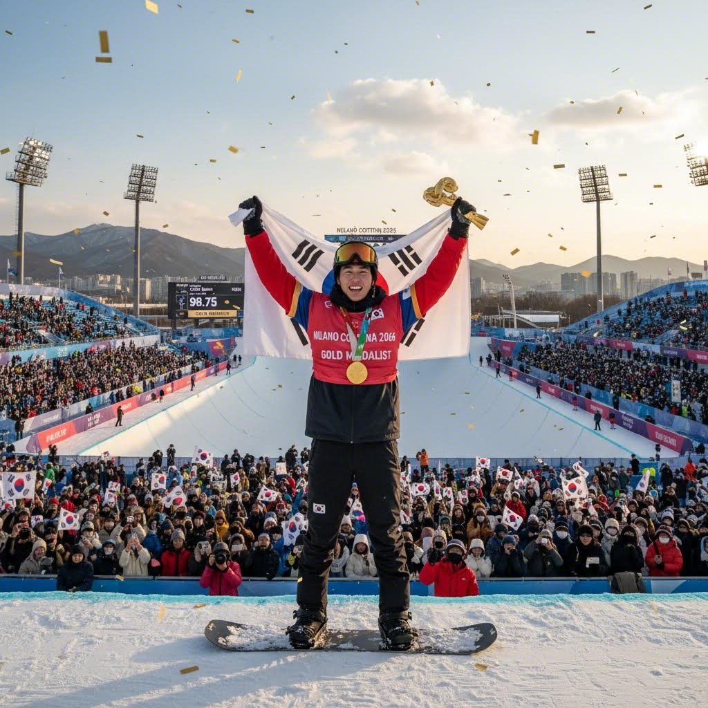 최가온 선수가 2026 밀라노 동계올림픽에서 스노보드 하프파이프 금메달을 획득한 순간