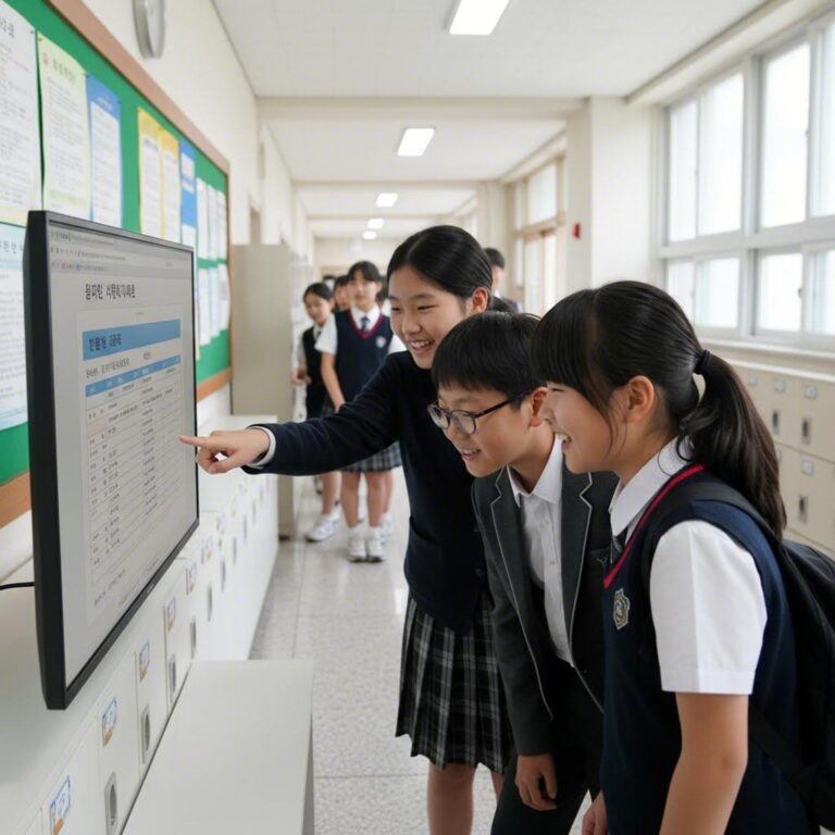 학교 홈페이지 공지사항에서 반배정 결과를 확인하는 모습