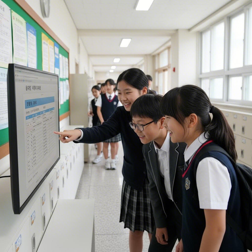 학교 홈페이지 공지사항에서 반배정 결과를 확인하는 모습