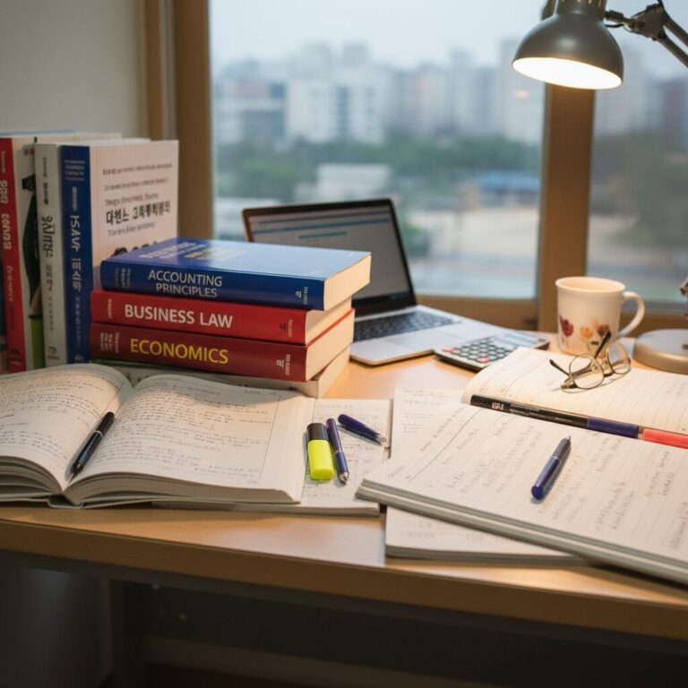 CPA 1차 시험 공부 책상 위에 놓인 교재와 필기구