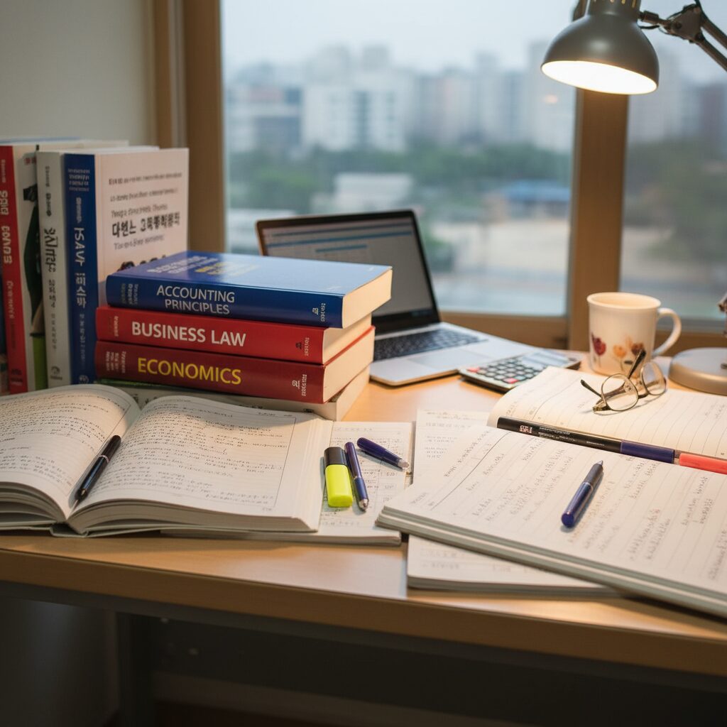 CPA 1차 시험 공부 책상 위에 놓인 교재와 필기구
