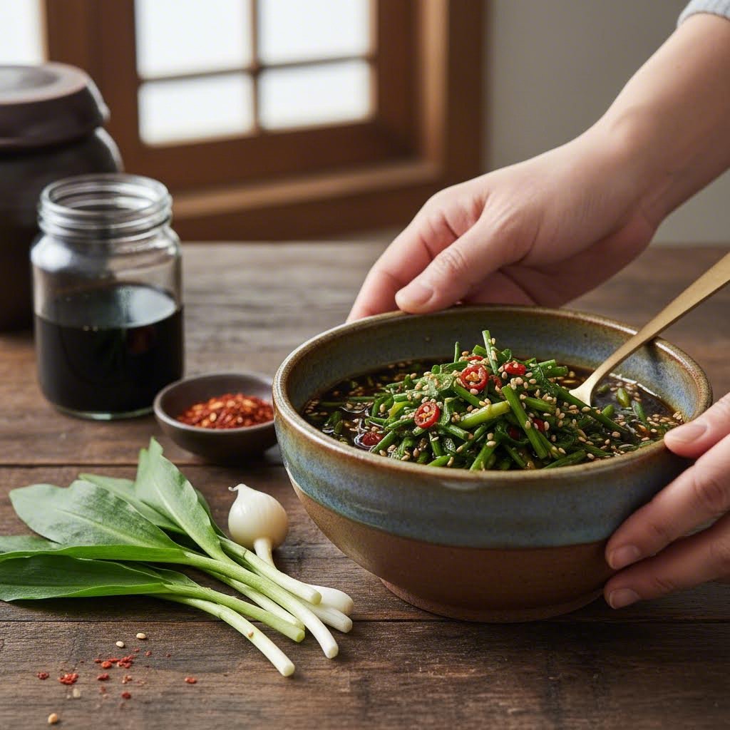 완성된 달래장을 그릇에 담아 놓은 모습