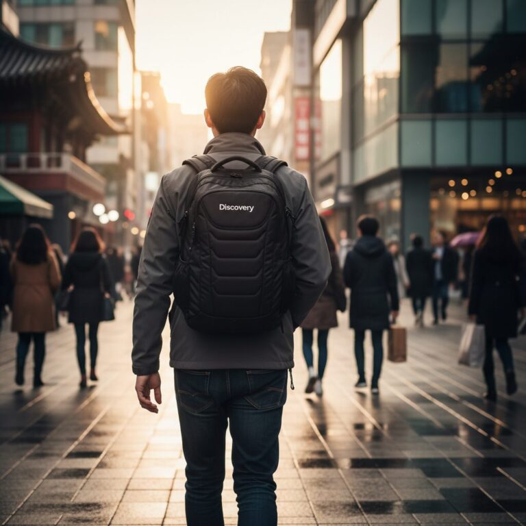 검정색 디스커버리 라이크에어 백팩을 멘 사람의 뒷모습