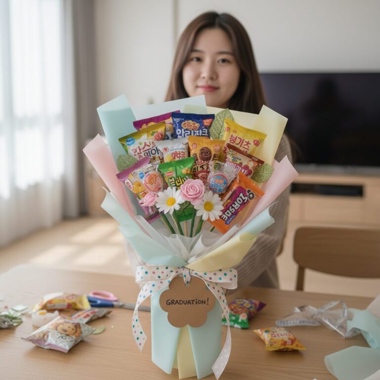 다이소 재료로 만든 유치원 졸업 간식 꽃다발 완성품 사진