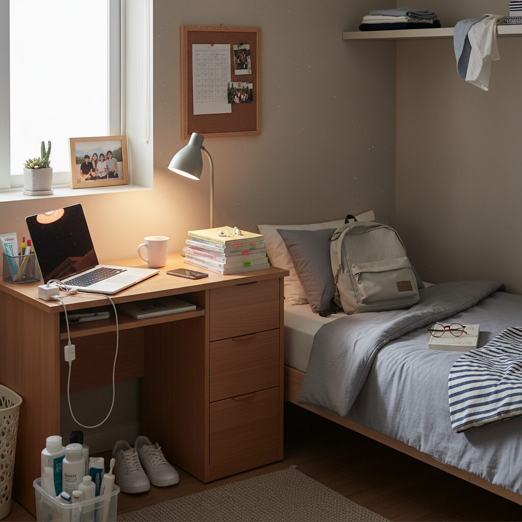 대학 입학 전 미리 챙겨야 할 필수 준비물 대학 기숙사 방 책상과 침대에 정리된 필수 생활용품들