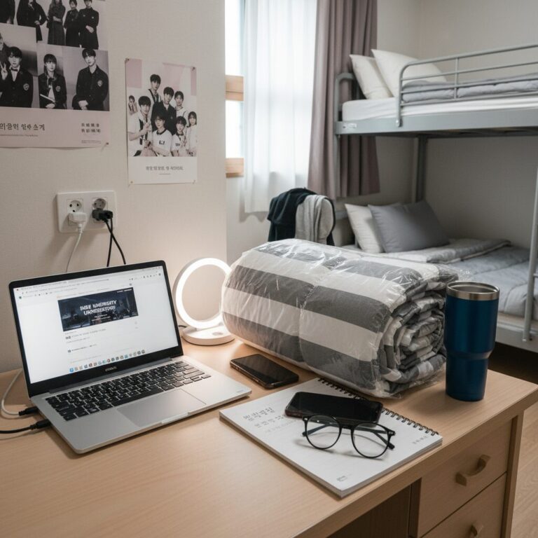 기숙사 방 책상 위에 놓인 노트북 침구 세트 멀티탭 텀블러 등 새내기 필수품