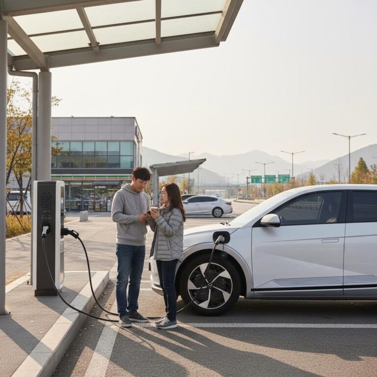 휴게소에서 전기차 충전하는 모습