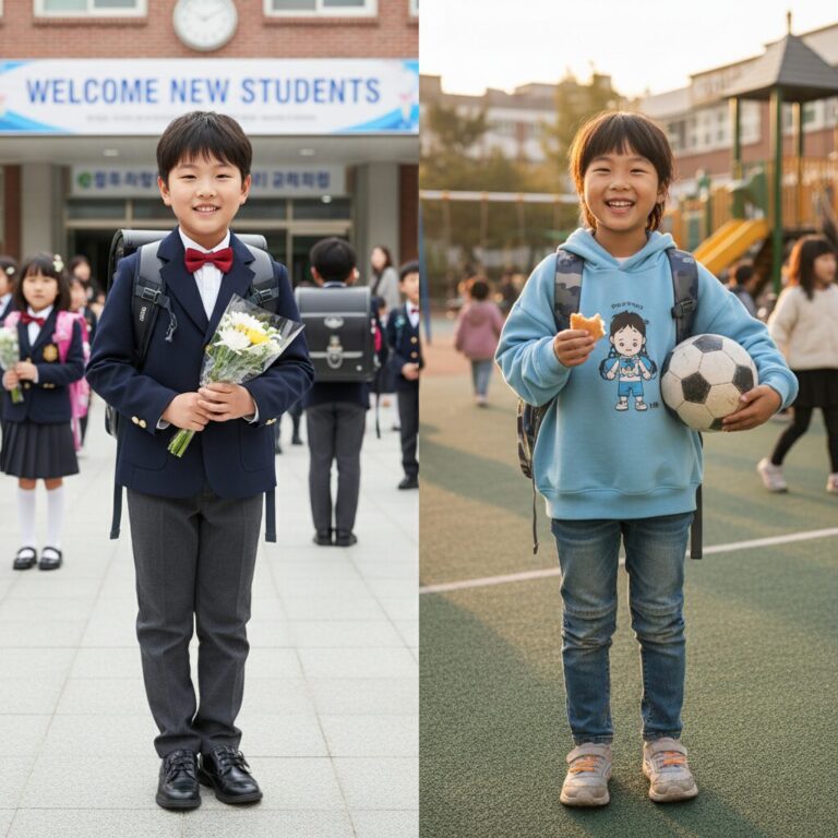 초등학교 입학식날 차려입은 아이와 평소 등교시 편한 옷을 입은 아이의 비교 사진