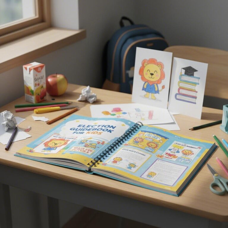 초등학생 회장선거 준비 교재와 포스터 예시가 담긨 책상