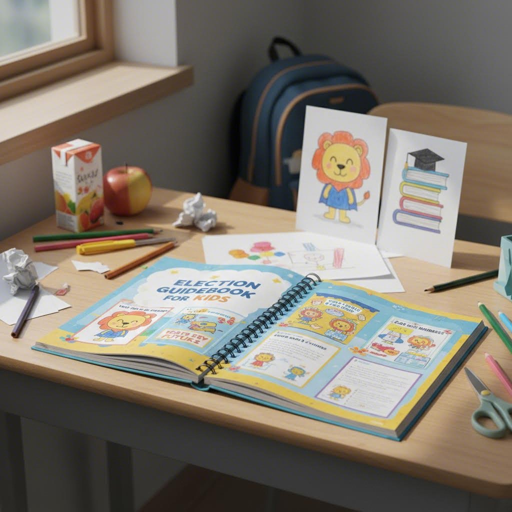 초등학생 회장선거 준비 교재와 포스터 예시가 담긨 책상