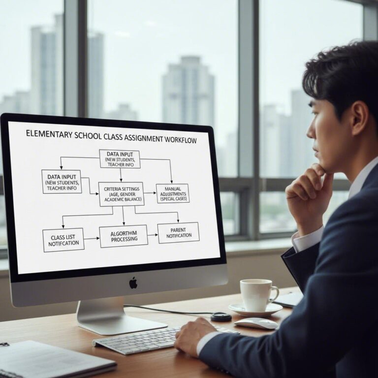초등학교 반편성 작업 흐름도가 그려진 컴퓨터 화면
