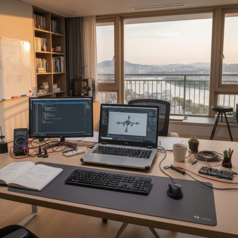 공학용 노트북이 놓인 책상 위의 작업 환경