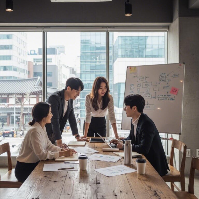 동료들과 함께 창업 아이디어와 비즈니스 계획을 논의하는 젊은 창업가들