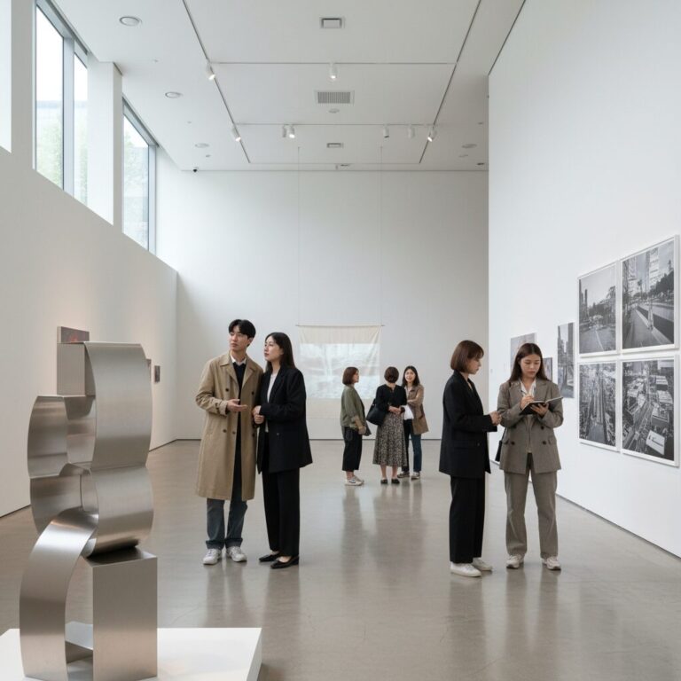 현대 미술 전시회장 내부에서 작품을 감상하는 관람객들의 모습