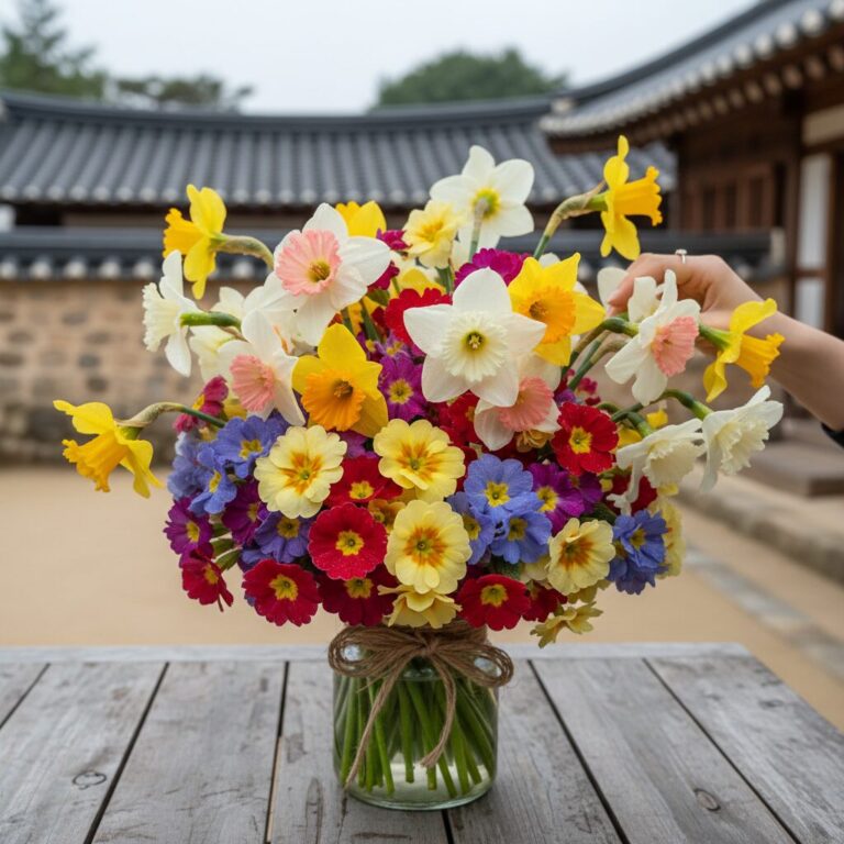 다양한 색상의 수선화와 프리뮬러 꽃다발