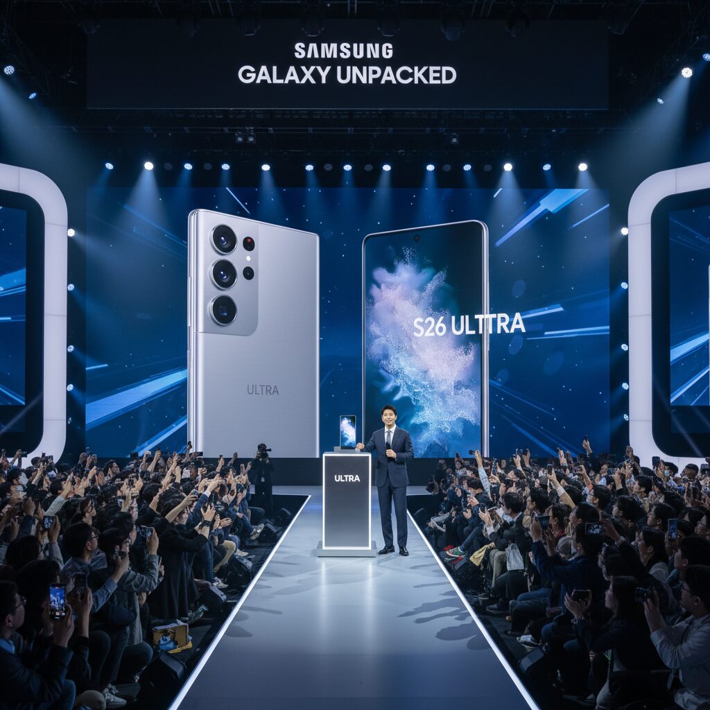삼성 갤럭시 언팩 행사 무대에서 갤럭시 S26 울트라 공개 모습