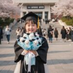 졸업식 날 아이가 산리오 포차코 인형꽃다발을 들고 환하게 웃고 있는 모습