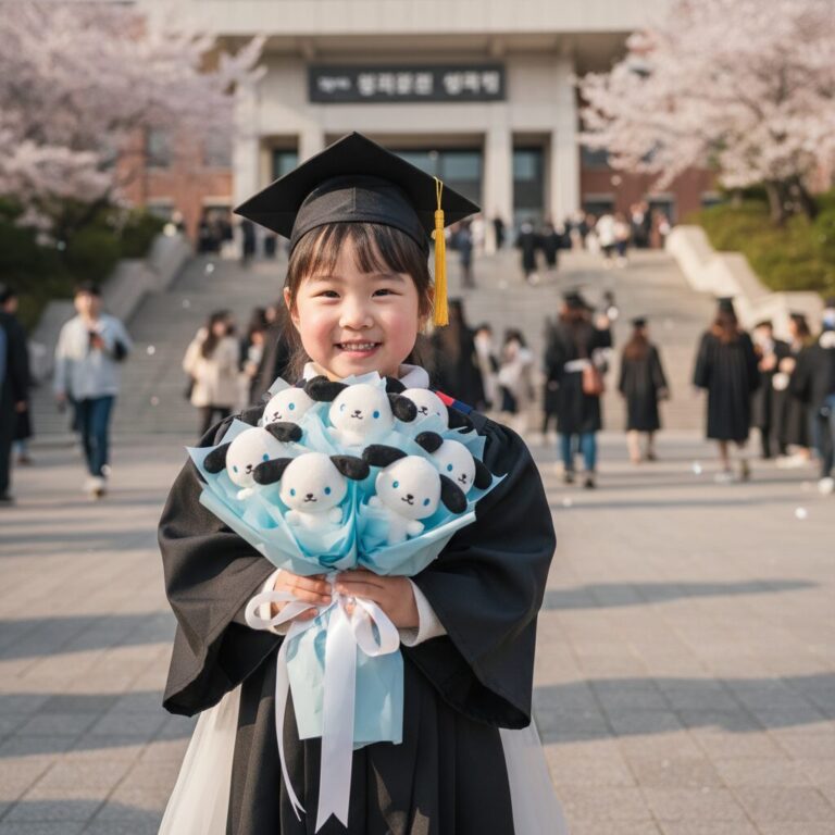 졸업식 날 아이가 산리오 포차코 인형꽃다발을 들고 환하게 웃고 있는 모습