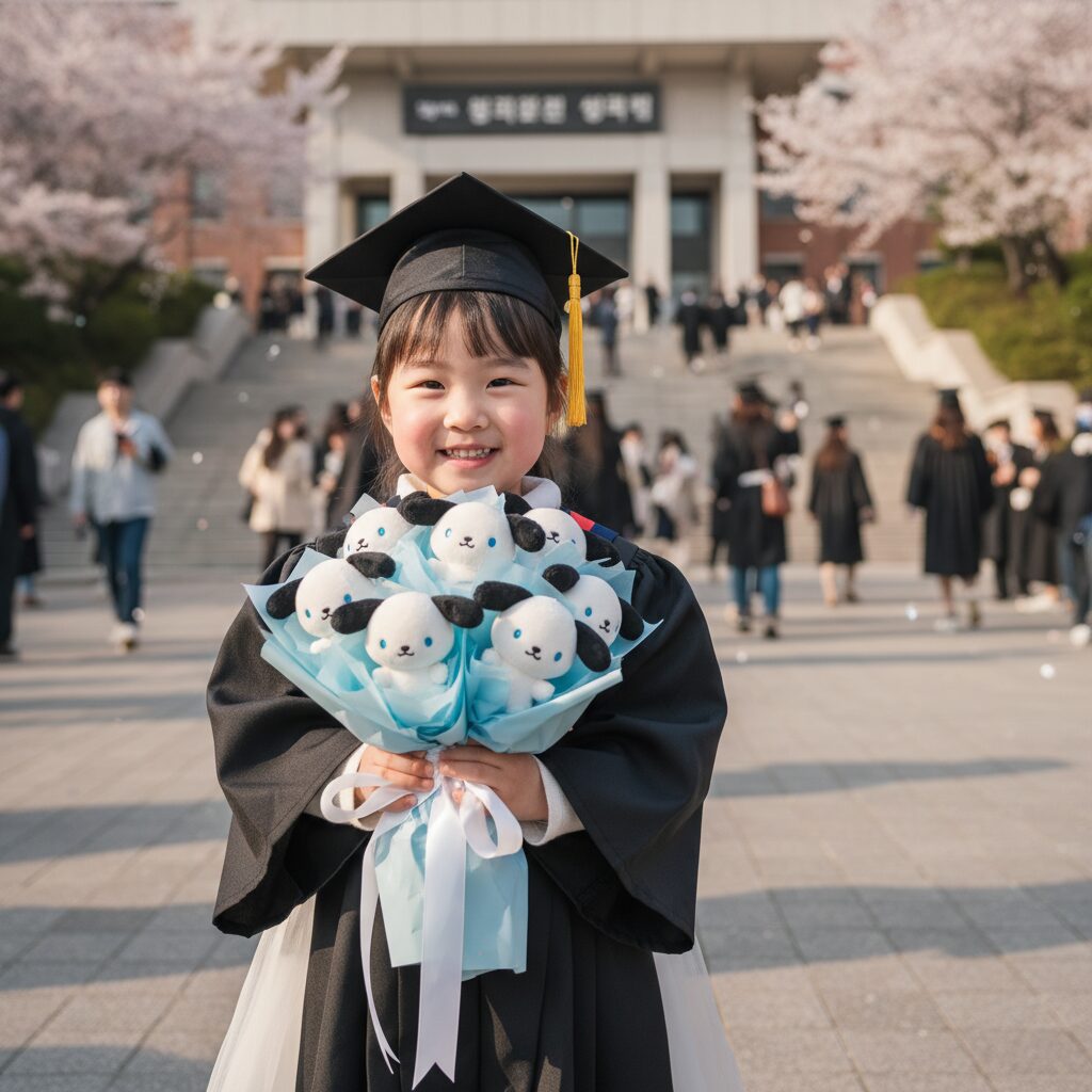 졸업식 날 아이가 산리오 포차코 인형꽃다발을 들고 환하게 웃고 있는 모습