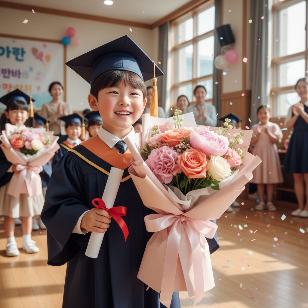 유치원 졸업식에서 핑크톤 꽃다발을 들고 웃는 아이