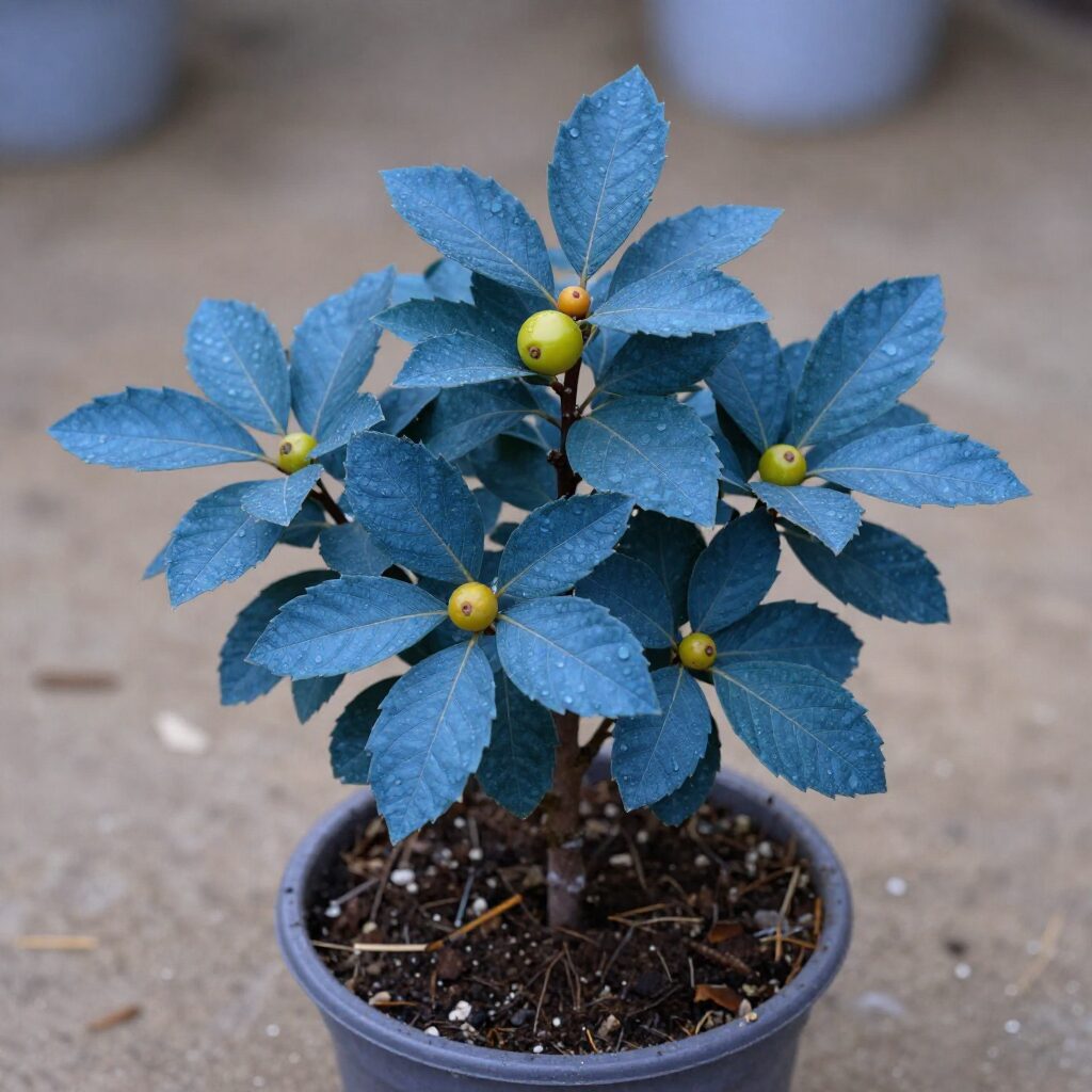 화분에 심겨진 건강한 자몽 묘목에 푸른 잎과 작은 자몽 열매가 달려 있다