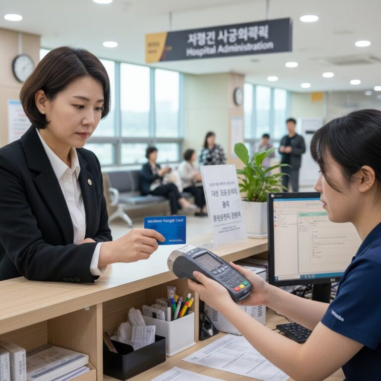 국민행복카드 체크카드를 병원 원무실에서 결제하는 모습
