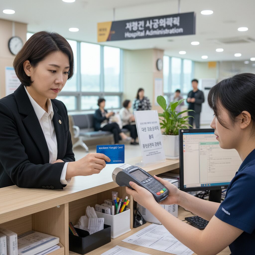 국민행복카드 체크카드를 병원 원무실에서 결제하는 모습