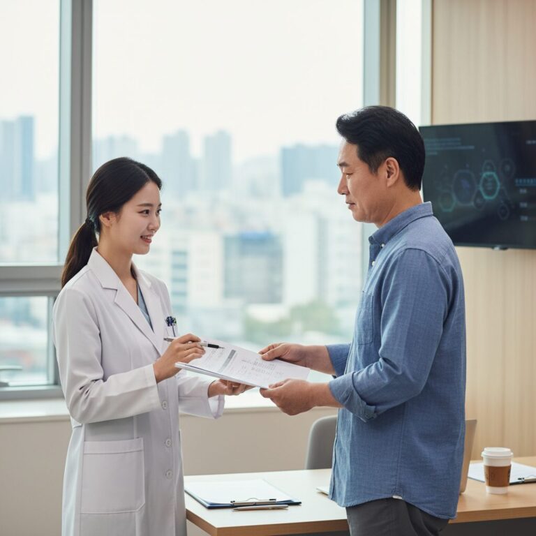 병원에서 신체검사 결과지를 받는 모습