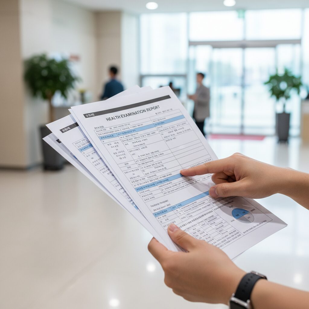 보건소나 병원에서 발급받은 건강검진 결과지 서류를 손에 들고 있는 모습