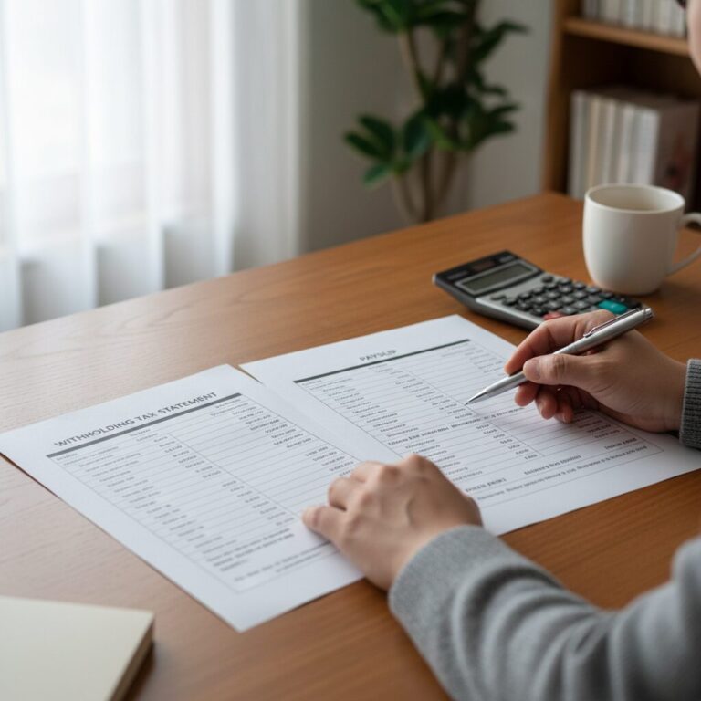 원천징수영수증과 급여명세서를 나란히 놓고 비교하는 모습