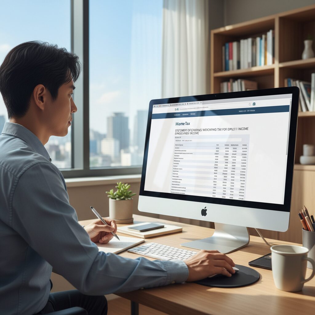 홈택스 화면에서 근로소득 원천징수영수증을 확인하는 모습