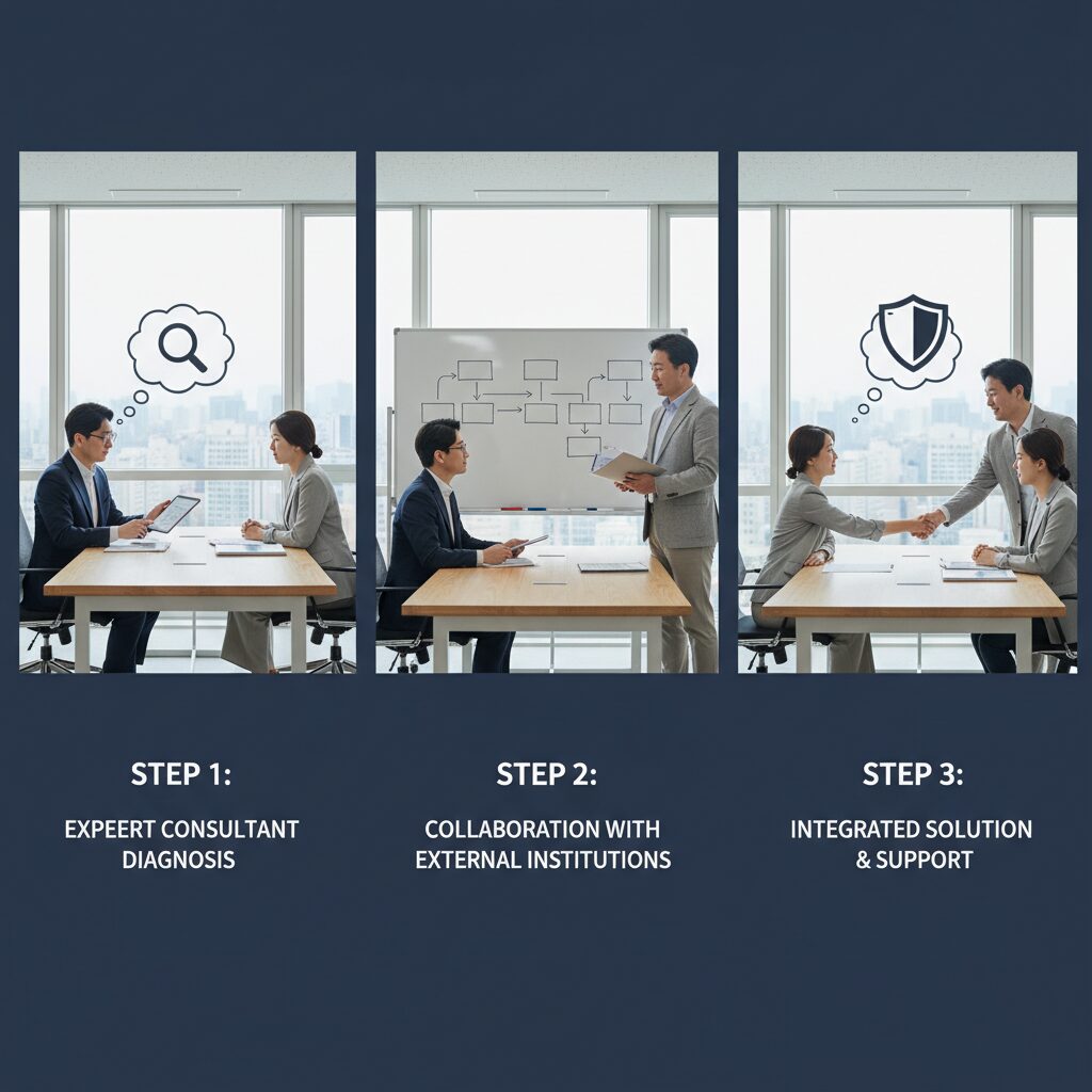지식재산 긴급지원 서비스 진행 과정 전문 컨설턴트 진단에서부터 외부 전문기관 협업까지 단계별 설명 이미지