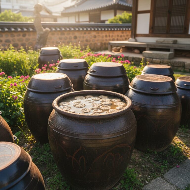 햇살을 받는 장독대에 소금물에 담긴 메주가 담긴 항아리