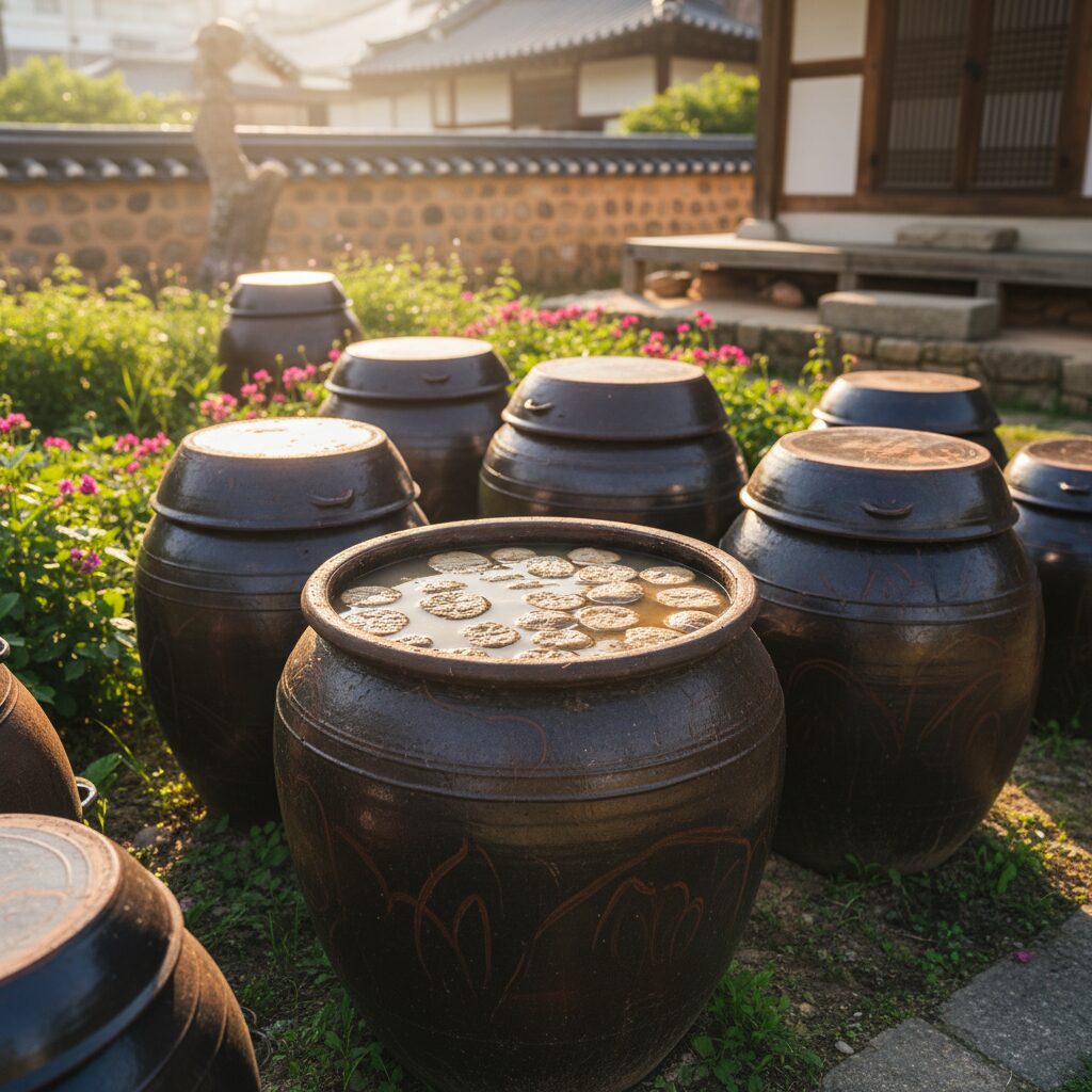 햇살을 받는 장독대에 소금물에 담긴 메주가 담긴 항아리