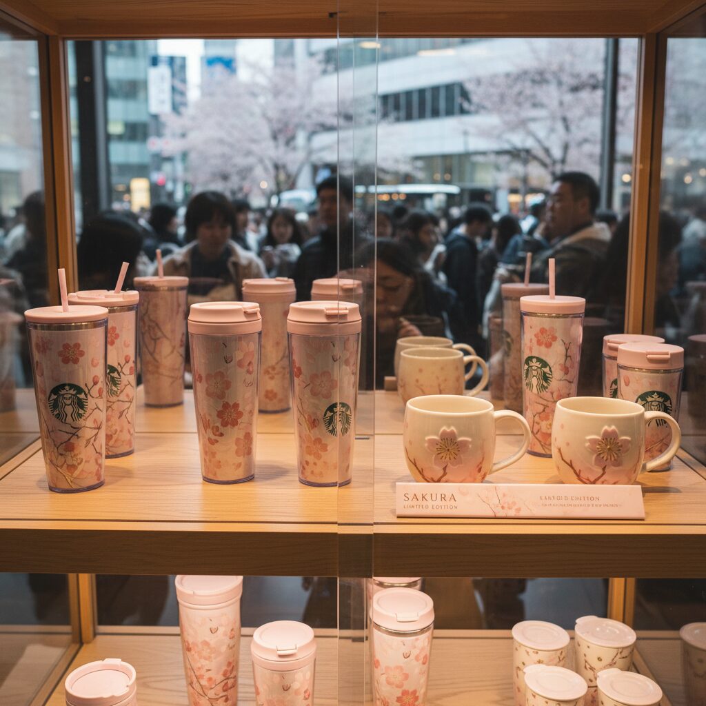 일본 스타벅스 사쿠라 한정 텀블러와 머그컵 진열장 사진