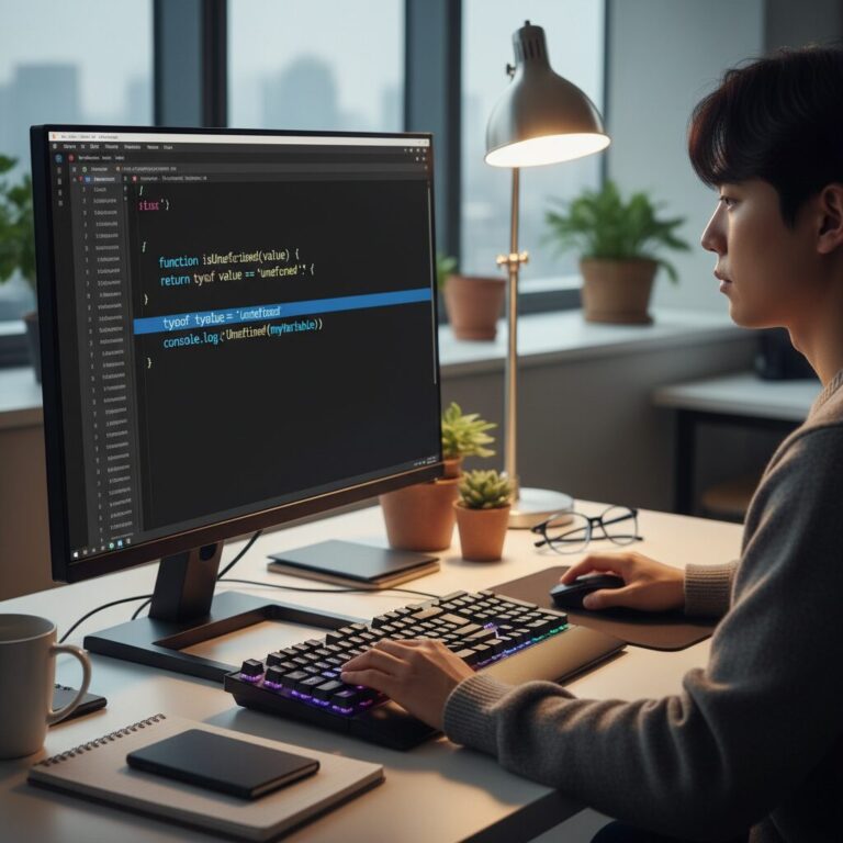 자바스크립트 코드 에디터 화면에서 typeof 연산자를 사용해 undefined를 체크하는 모습