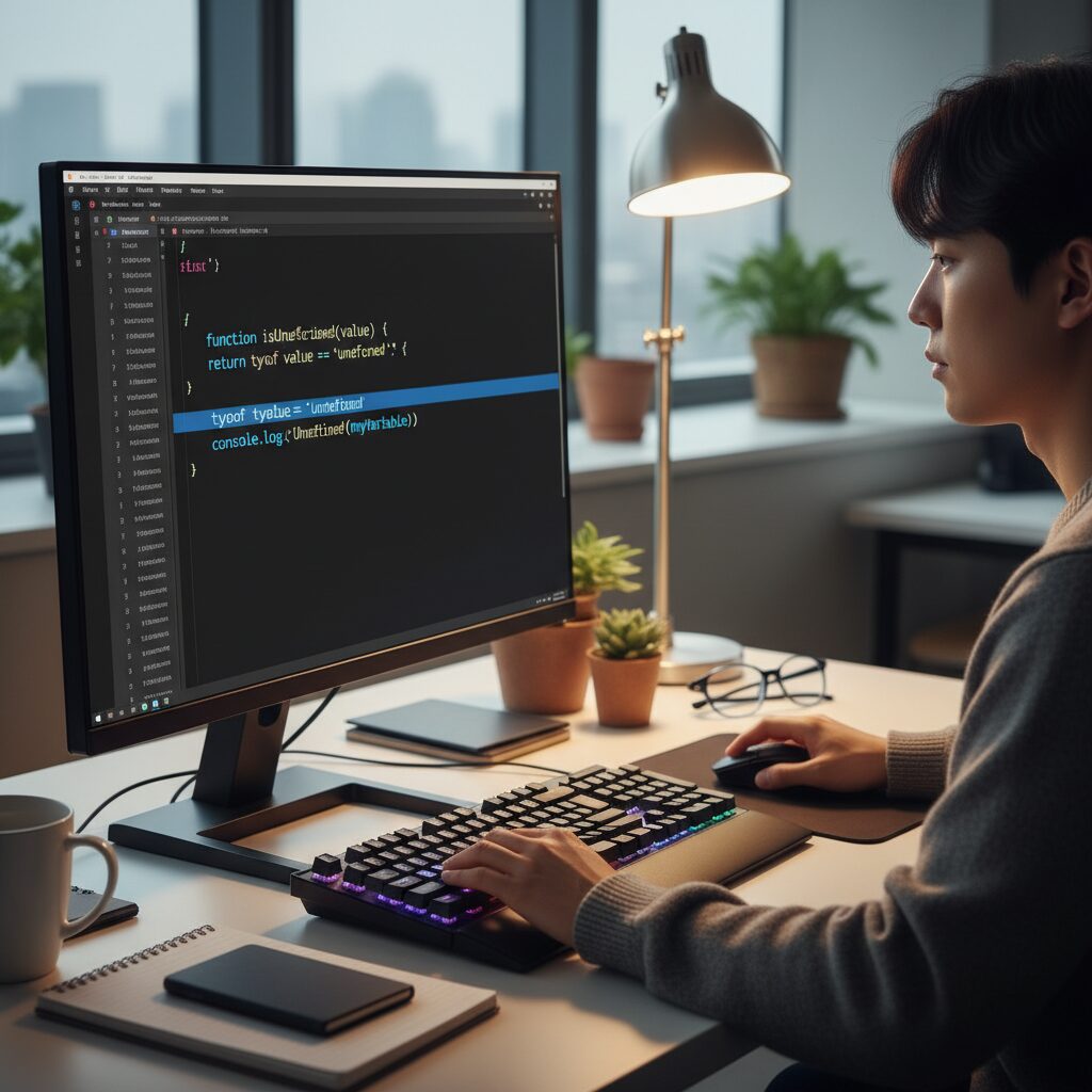 자바스크립트 코드 에디터 화면에서 typeof 연산자를 사용해 undefined를 체크하는 모습