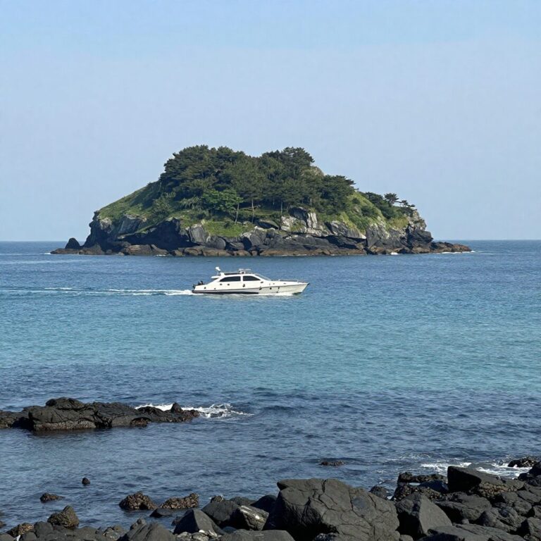 제부도 바닷길 위를 지나는 자동차와 멀리 보이는 섬 풍경