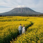 제주 휴애리 자연생활공원의 노란 유채꽃밭과 뒤편의 한라산 풍경