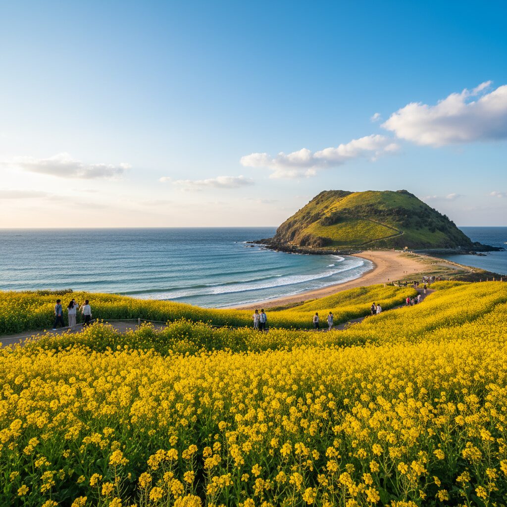 3월 제주도 함덕 서우봉의 유채꽃과 푸른 바다가 함께 펼쳐진 봄 풍경