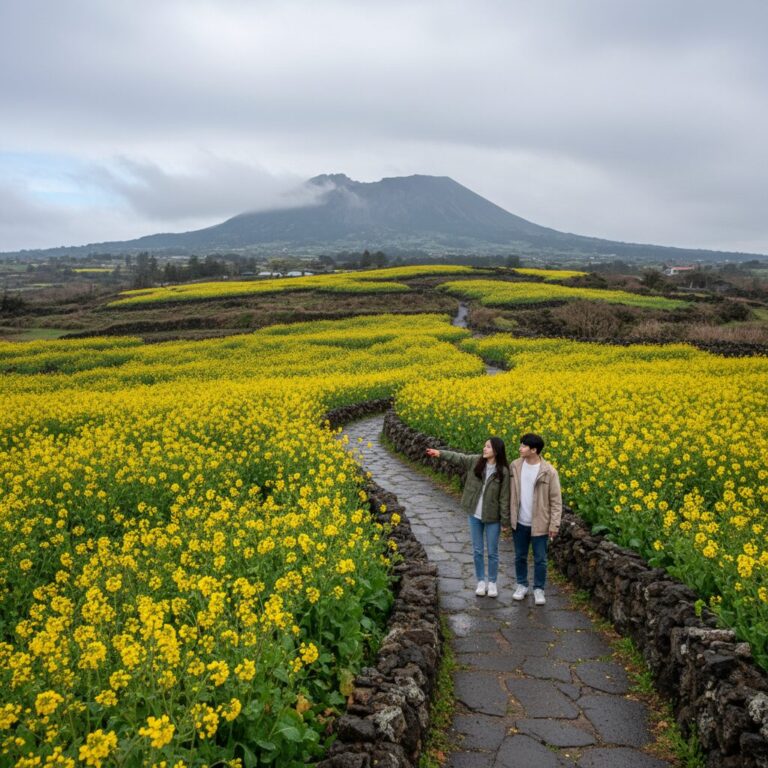 제주도 3월 흐린 날씨와 유채꽃밭 풍경