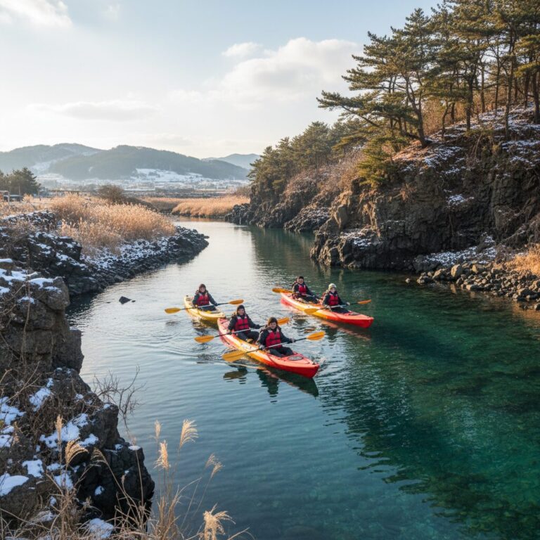 제주도 쇠소깍 겨울 풍경과 카약을 타는 모습