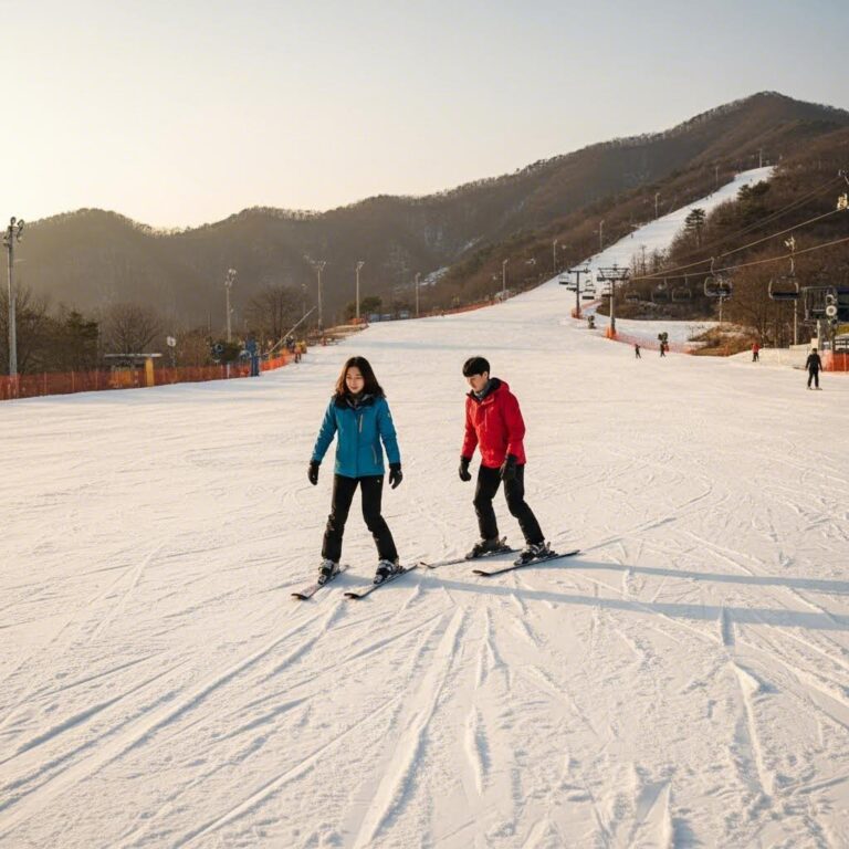 지산 스키장 시즌 막바지 한적한 슬로프에서 스키 강습 받는 모습