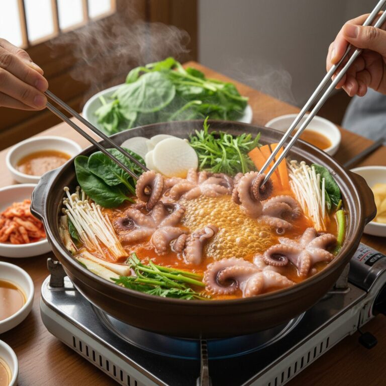 뜨거운 냄비에 데쳐지는 신선한 쭈꾸미와 다양한 야채가 담긴 쭈꾸미 샤브샤브