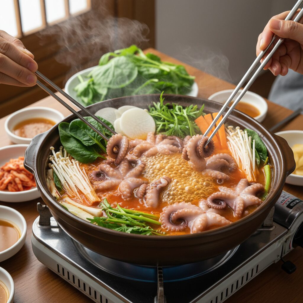 뜨거운 냄비에 데쳐지는 신선한 쭈꾸미와 다양한 야채가 담긴 쭈꾸미 샤브샤브