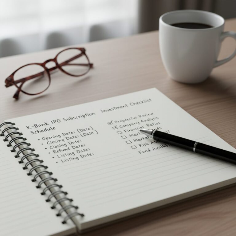 케이뱅크 공모주 청약 일정과 투자 체크리스트가 적힌 노트와 펜