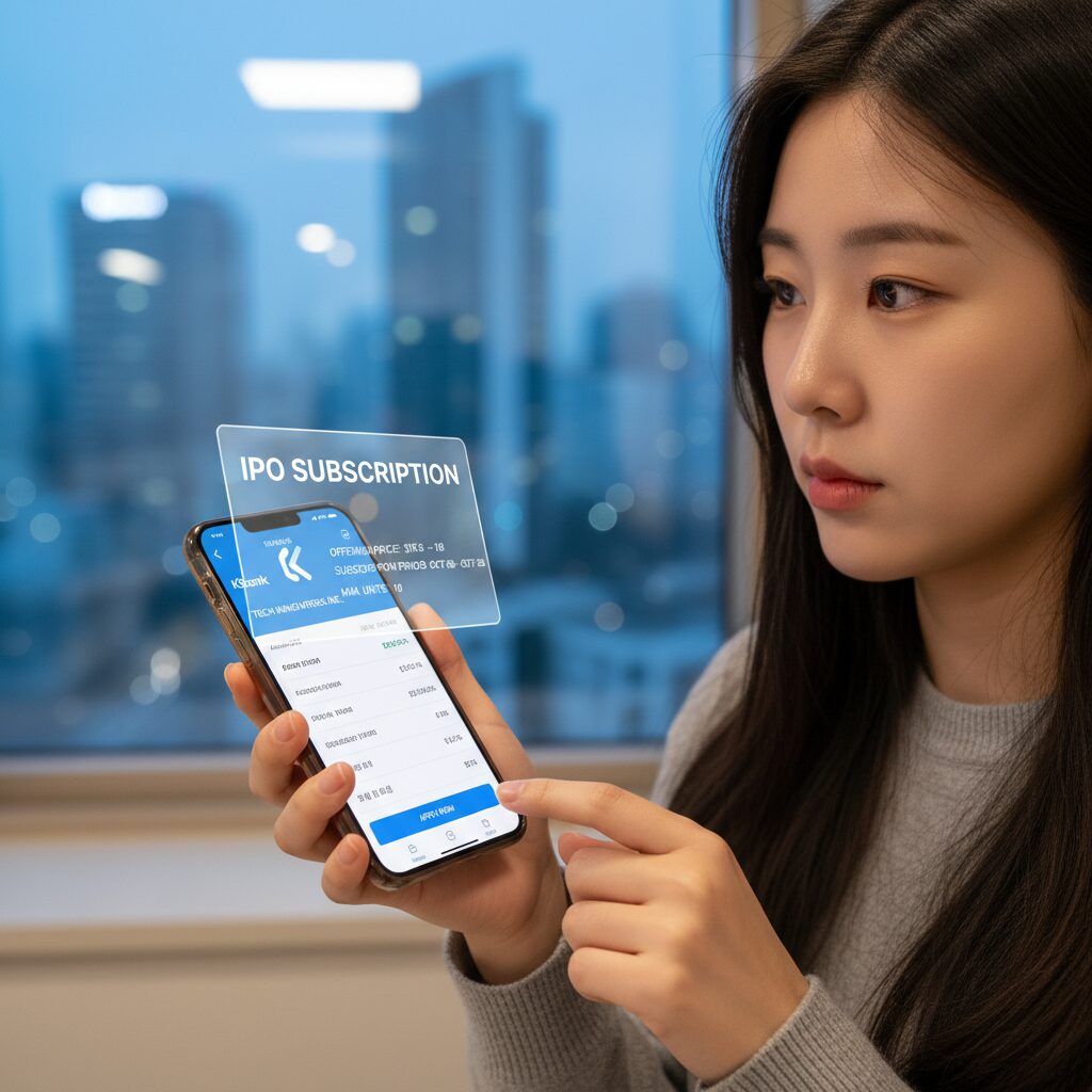 케이뱅크 앱 화면과 공모주 청약 관련 정보 그래픽