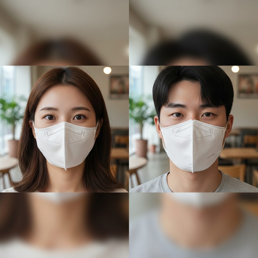 KF94 마스크 2D 새부리형과 3D 입체형을 얼굴에 착용한 모습 비교